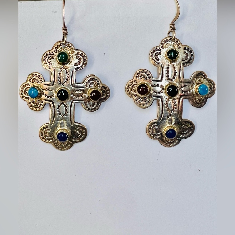 VTG SOUTHWEST STYLE Sterling Silver Cross
Earrings, Multicolor Stones